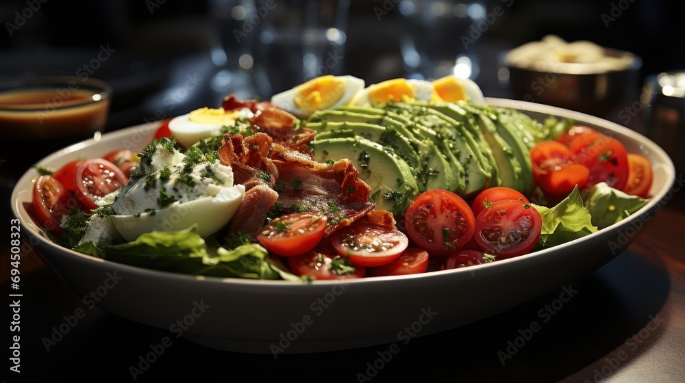 a salad with bacon, lettuce, tomatoes, and hard boiled eggs in a bowl on a table. a salad with bacon, lettuce, tomatoes, and hard boiled eggs in a bowl on a table.