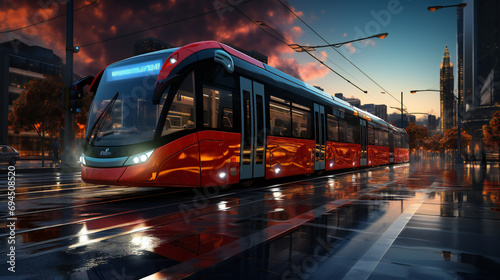 Modern Red Tram at Night