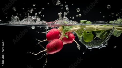Radish in a splash of water on a black background. Premium fresh organic vegetables