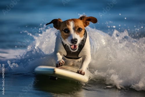 Adventurous Jack russell dog surfing. Travel holiday. Generate Ai © juliars