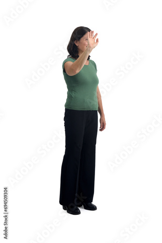  view of a woman standing waving on white background photo