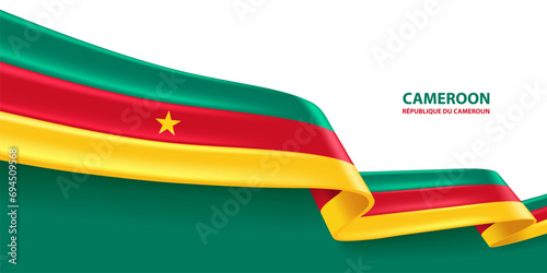 Cameroon 3D ribbon flag. Bent waving 3D flag in colors of the Cameroon national flag. National flag background design.
