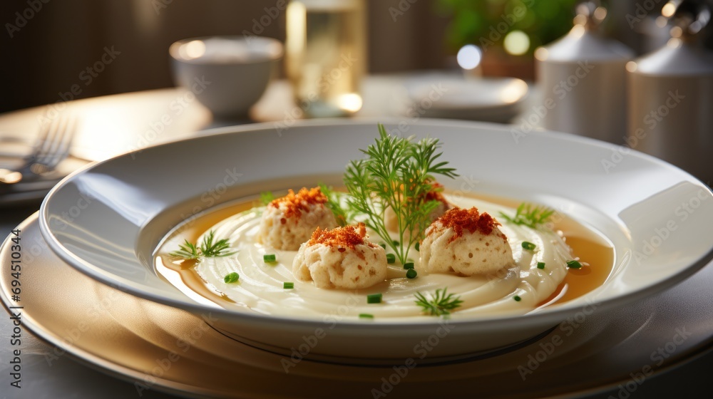 a close up of a plate of food with sauce and garnishes on a table with utensils. a close up of a plate of food with sauce and garnishes on a table with utensils.