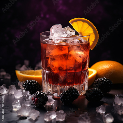 An aged beverage, garnished with ice cubes, blackberry, and orange, on a dark backdrop.