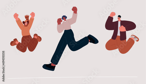 Vector illustration of Portrait of cheerful positive people jumping in the air with raised fists. Life people energy concept