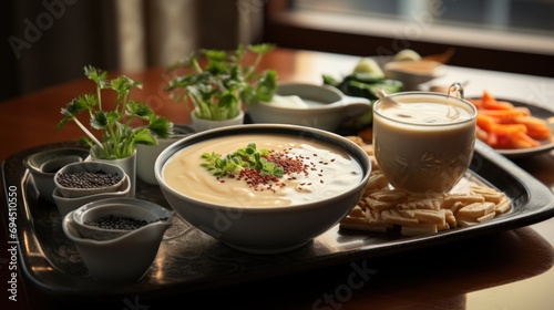  a tray topped with a bowl of soup next to a cup of milk and a plate of crackers and carrots.