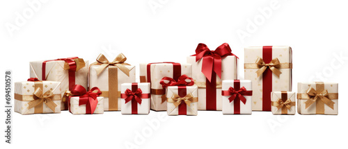 Collection of red and white gift boxes wrapped with red and gold ribbon bows isolated on white or transparent background