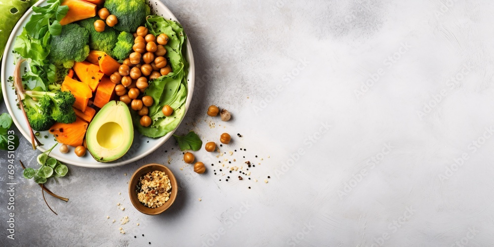 Nourishing plant-based meal with avocado, mushrooms, greens, legumes, and pumpkin. View from above. Nourishing plant-based meal with avocado, mushrooms, greens, legumes, and pumpkin. View from above.
