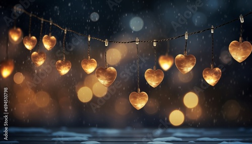 Bright Glowing vintage heart Light bulbs Suspended in the Frosty Winter night Evening

 photo