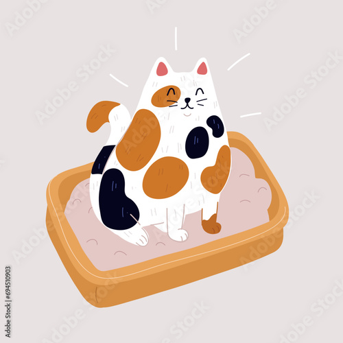 Vector illustration of cat in plastic litter box.