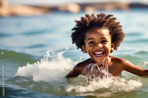 Close-up of a happy African American boy swimming and diving underwater, child having fun at sea in summer. Active healthy lifestyle, water sports and swimming lessons on summer holidays with a child. photo