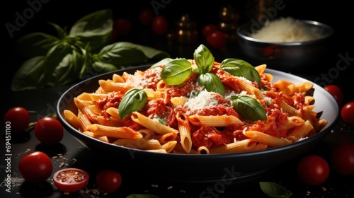  a plate of pasta with tomato sauce, basil, and parmesan cheese on a table with tomatoes and basil.
