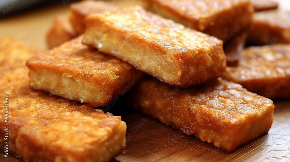 Pieces of tempeh a soya fermented vegan food Pieces of tempeh a soya fermented vegan food