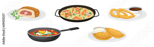 Spanish Dish and Food of Mediterranean Cuisine Vector Set