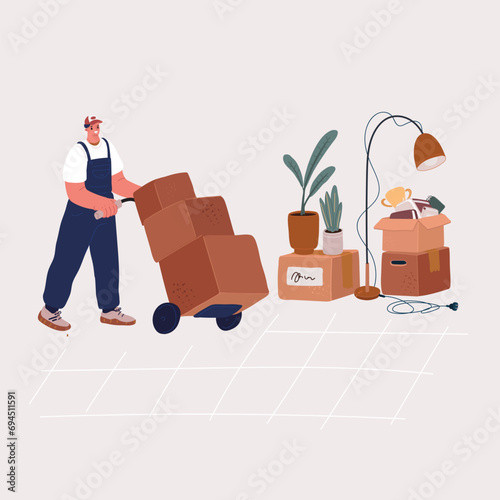 Vector illustration of Movers team. Moving service. Cardboard boxes in apartment. Mover with trolley