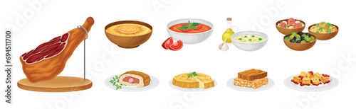 Spanish Dish and Food of Mediterranean Cuisine Vector Set