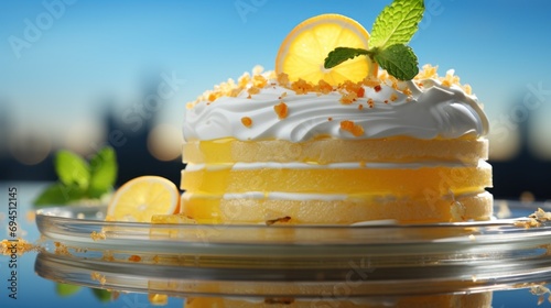  a close up of a cake on a plate with a slice of lemon and a mint on top of it.