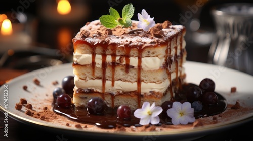  a piece of cake sitting on top of a white plate covered in chocolate and cherries next to a candle.