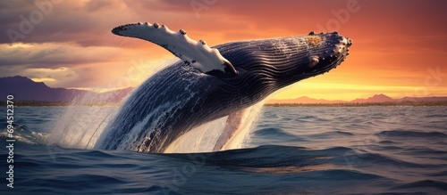 Huge whale leaping during dusk. photo