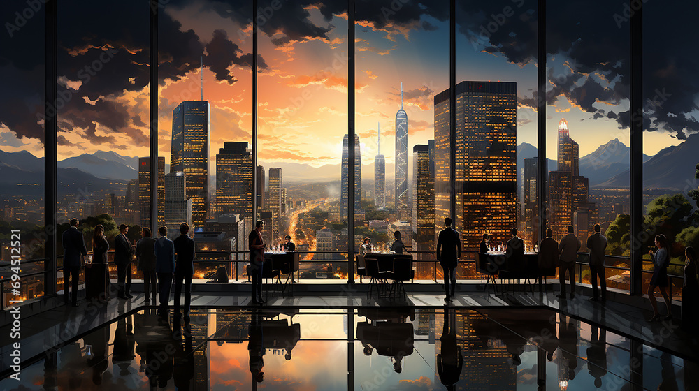 Sunset in the city with silhouettes of people Corporate Landscape Concept - obrazy, fototapety, plakaty 