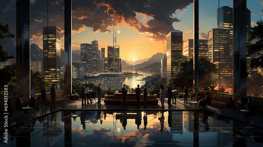 Naklejka premium Sunset in the city with silhouettes of people Corporate Landscape Concept