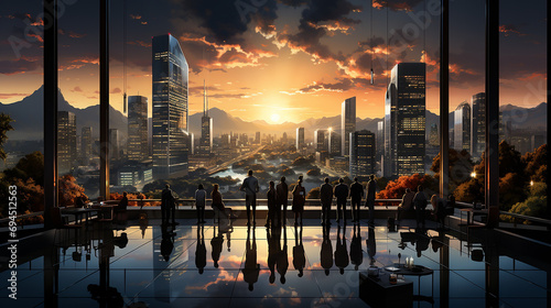 Sunset in the city with silhouettes of people Corporate Landscape Concept photo