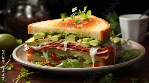  a close up of a sandwich on a plate with a cup of coffee and a cup of coffee in the background.
