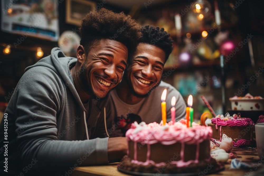 Capturing a moment of pure joy, this photograph features a gay couple of mixed ethnicities with radiant smiles, celebrating a birthday. Generative AI
