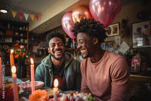 Capturing a moment of pure joy  this photograph features a gay couple of mixed ethnicities with radiant smiles  celebrating a birthday. Generative AI