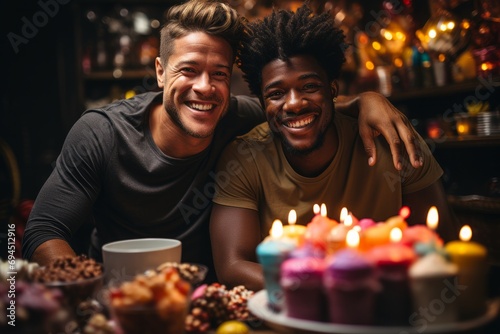 Capturing a moment of pure joy  this photograph features a gay couple of mixed ethnicities with radiant smiles  celebrating a birthday. Generative AI