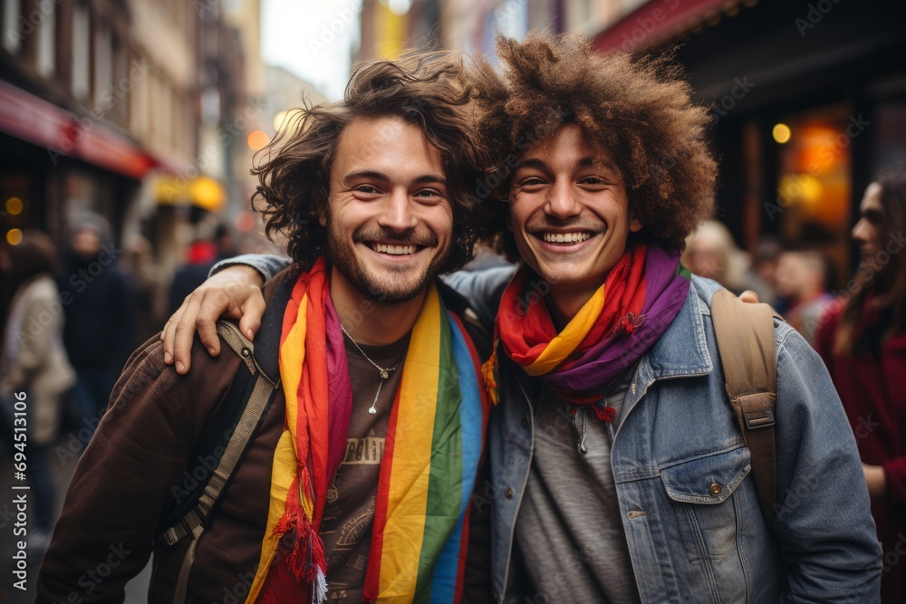 A candid capture of two men draped in a rainbow pride flag, their faces alight with smiles as they participate in a pride parade. Generative AI 