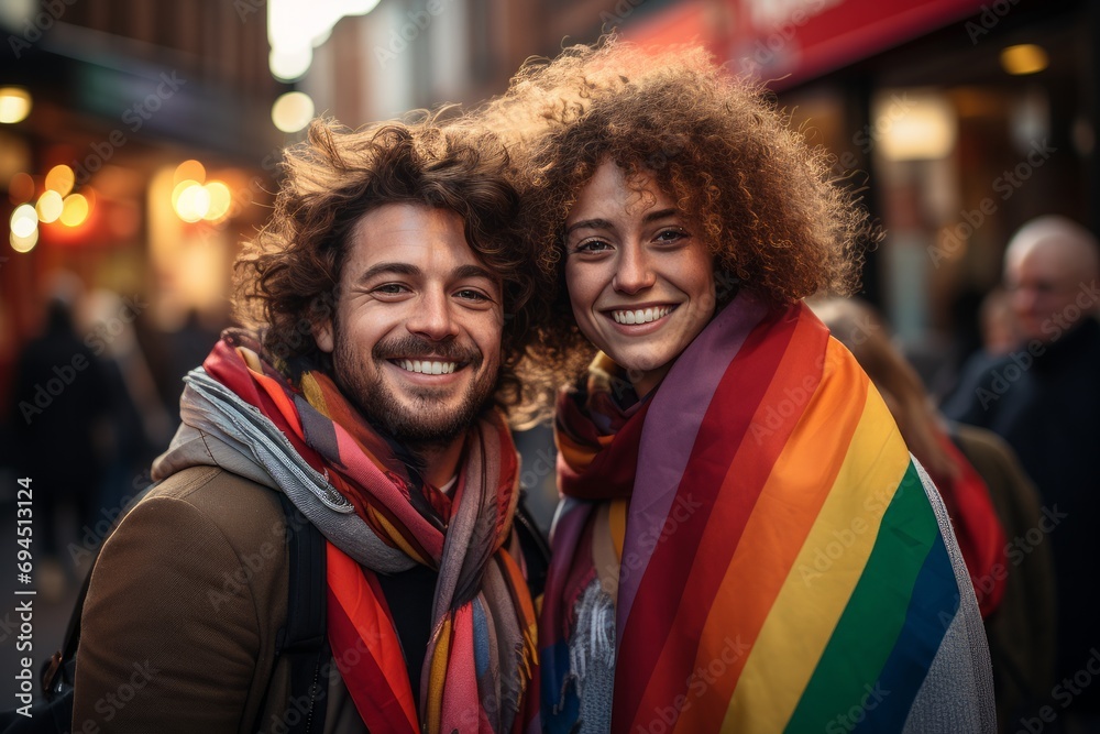 Photograph capturing a moment of joy and pride, featuring a young woman with curly hair and a bright smile, wrapped in a rainbow flag, alongside a cheerful young man sharing the same flag. Digital ai
