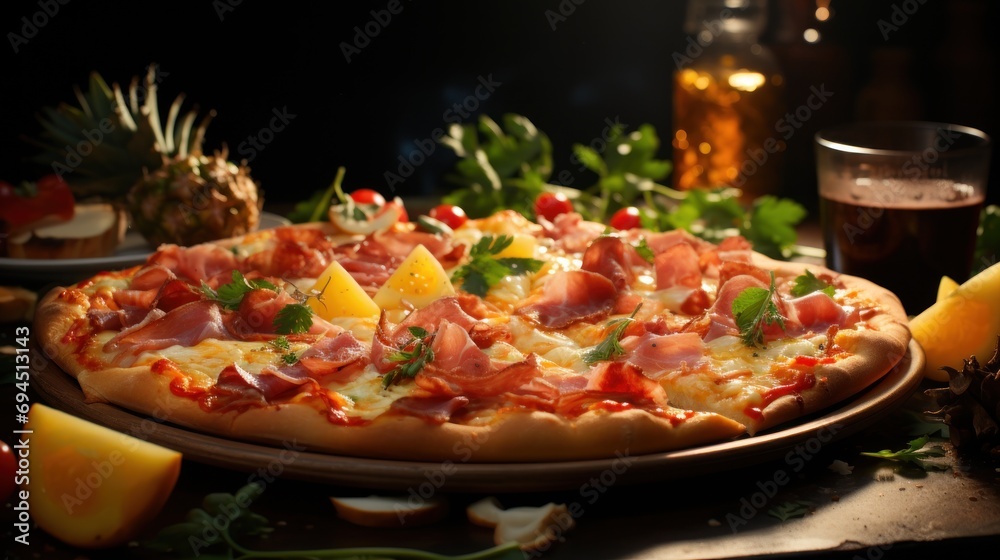  a pizza sitting on top of a wooden cutting board next to pineapples and a glass of beer on a table.
