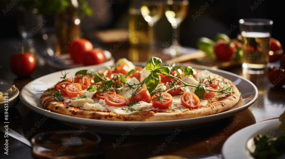  a close up of a pizza on a plate on a table with wine glasses and plates of food in the background.