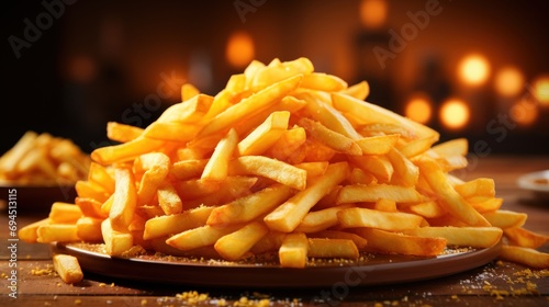  a pile of french fries sitting on top of a wooden table next to a plate of fries on top of a wooden table.
