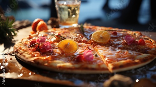  a close up of a pizza on a table with a glass of water and a lemon slice on top of it.