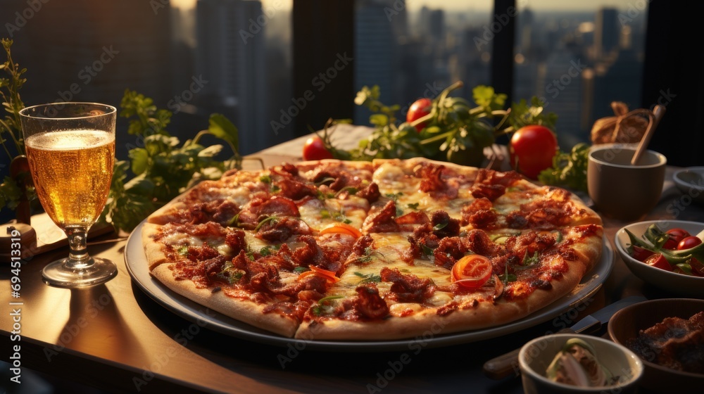  a pizza sitting on top of a wooden table next to a glass of beer and bowls of salads and condiments.