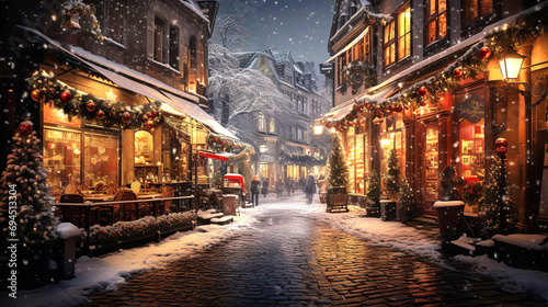 Beautiful European street view during Christmas time, decorated with lights, christmas trees and lights reflections