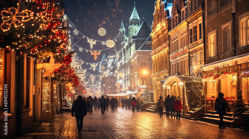 Beautiful European street view  during Christmas time, decorated with lights, christmas trees and lights reflections