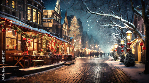 Beautiful European street view during Christmas time, decorated with lights, christmas trees and lights reflections