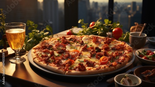  a pizza sitting on top of a wooden table next to a glass of beer and bowls of salads and condiments.