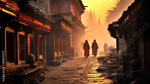 Tibetan monks are walking in high mountainsmonk, tibetan, travel, mountain, himalaya, walk, tibet, buddhism, asia, monastery, prayer, hiking, buddhist, temple, sky, religion, buddha, traditional, trek photo