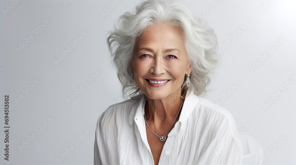 Portrait of very beautiful aged woman with grey hair sliming to camera.