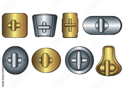 Turn lock clasp closure and twist lock clasp buckles flat sketch vector illustration, set of twist lock clasp for bag, purse and handbag lock, closures buckles cad drawing template