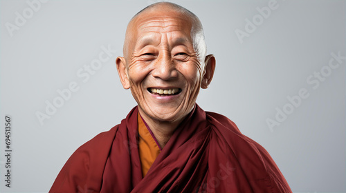 Portrait of tibetan monk with kind face, friendly smiling to camera  photo