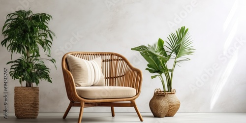 Retro-style room with chic armchair, potted plant, rattan table, and decorative items.
