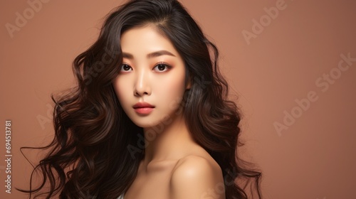 A youthful Asian woman with long, wavy hair and Korean-inspired makeup looks at her flawless complexion on a neutral background, highlighting her skincare routine and cosmetic enhancements.