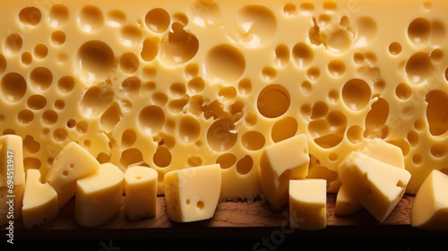 Close-up of cheese with holes. Swiss cheese. photo