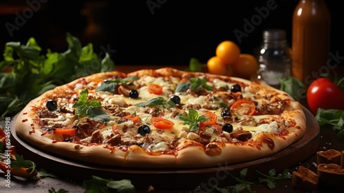  a pizza sitting on top of a wooden platter next to oranges and other food on a wooden table.