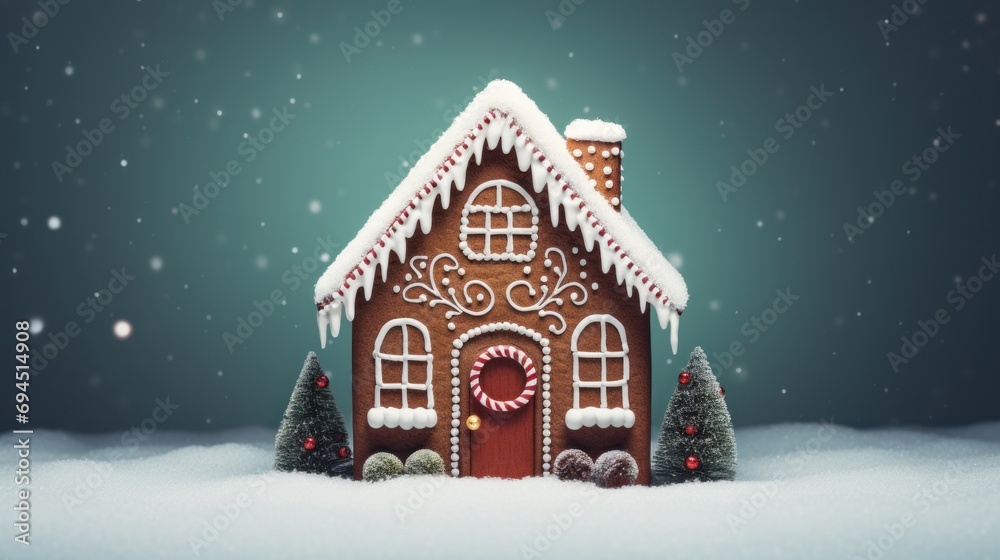  a gingerbread house with icing on the roof and trees in the snow on a green background with snowflakes.
